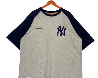 Vintage New York Yankees Raglan T-Shirt Grey & Navy | Embroidered NY Spellout Baseball Tee | Oversized MLB Streetwear