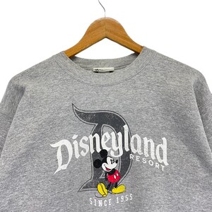 May include: A grey sweatshirt with the Disneyland Resort logo, Mickey Mouse, and the text "SINCE 1955." The graphic has a distressed, vintage appearance. The sweatshirt is displayed on a wooden hanger.