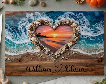 Personalized Tempered Glass Cutting Board Beach Heart Design, Custom Name Kitchen Board, Wedding Gift for Couple, Anniversary Coastal Decor