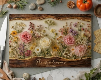Personalized Glass Cutting Board, Custom Family Name Floral Board, Rustic Wildflower Kitchen Decor, Wedding Gift, Housewarming Gift