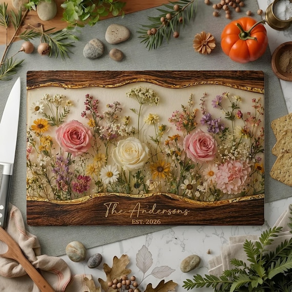 Personalized Glass Cutting Board, Custom Family Name Floral Board, Rustic Wildflower Kitchen Decor, Wedding Gift, Housewarming Gift