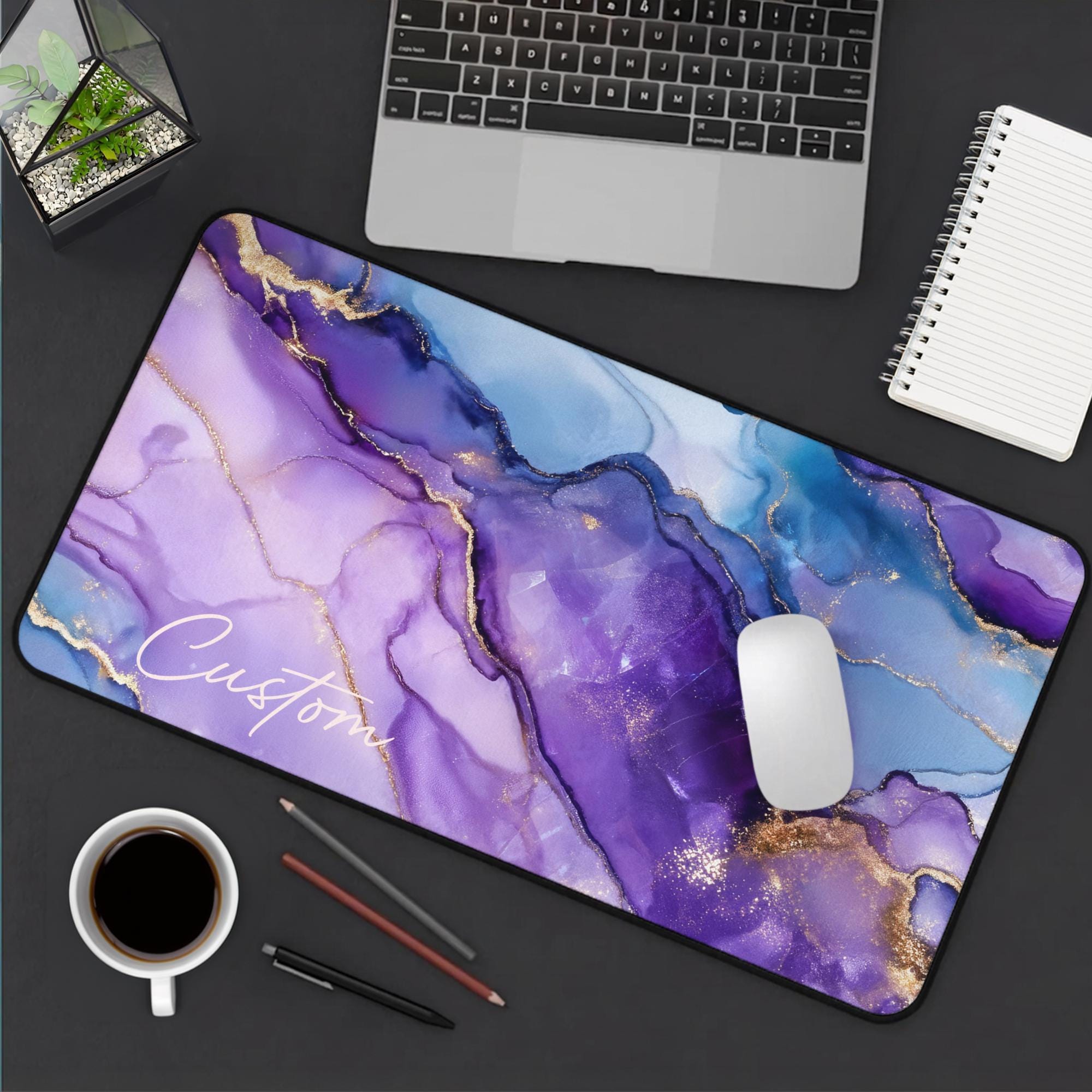 Personalized Desk Mat Custom Name Mouse Pad Purple Blue Marble Desk Pad ...