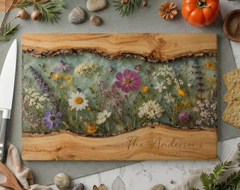 Personalized Glass Cutting Board, Custom Family Name Wildflower Board, Rustic Farmhouse Kitchen Decor, Wedding Housewarming Gift