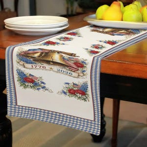 May include: A white table runner with a blue and white checkered border and a repeating pattern of the Liberty Bell, American flags, and floral arrangements. The text "1776" and "2026" are displayed on the runner.