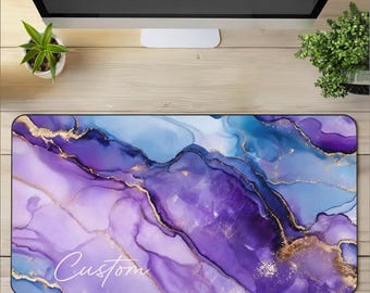 Personalized Desk Mat Custom Name Mouse Pad Purple Blue Marble Desk Pad Aesthetic Office Desk Decor Gift for Her Work Setup
