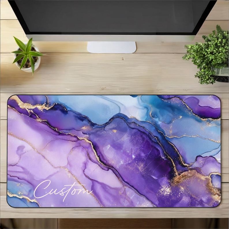Personalized Desk Mat Custom Name Mouse Pad Purple Blue Marble Desk Pad ...