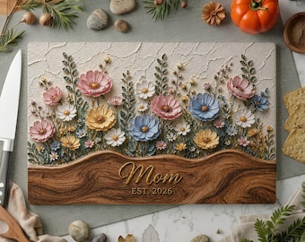 Personalized Mom Glass Cutting Board Floral Wood Design Custom Name Gift Mother’s Day Kitchen Decor Housewarming Gift