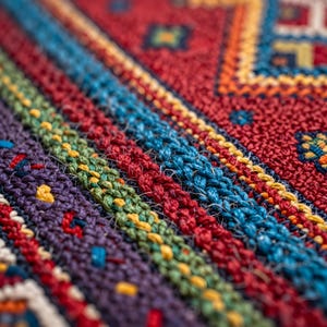 May include: Close-up of a woven textile with a vibrant color palette. The design features diagonal stripes in shades of red, blue, green, and purple. The texture appears to be a combination of woven and knotted elements, creating a rich, detailed surface.