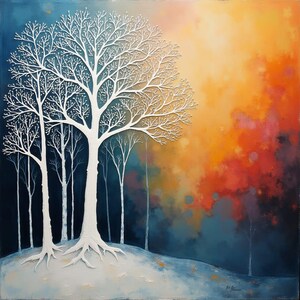 Peut inclure: Peinture abstraite d'arbres blancs aux branches complexes sur un fond coloré. L'œuvre présente un effet texturé et superposé, avec un dégradé de teintes bleues, oranges et rouges. Les racines des arbres sont visibles, ajoutant de la profondeur.