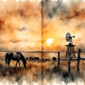 May include: Watercolor painting of a rural landscape at sunset. A black horse grazes in a field, with other horses in the distance. A windmill stands near a wooden fence, under an orange and yellow sky.