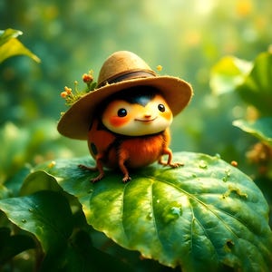 Pode incluir: Uma ilustração fantasiosa de uma joaninha usando um pequeno chapéu marrom adornado com pequenas flores. A joaninha tem um corpo redondo com marcas laranja e pretas e está pousada em uma grande folha verde. O fundo é um verde suave e desfocado.