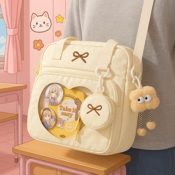 Embroidered Bow Ita Bag – Nylon Crossbody Tote With Coin  display picture 3