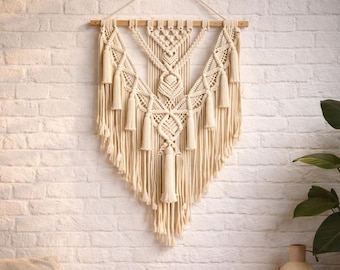 Tapiz de macramé grande para pared, arte bohemio tejido en algodón.