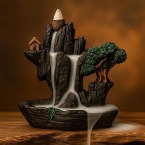Waterfall Incense Burner with 60 Cones, Resin Aromatherapy Backflow Holder, Relaxing Smoke Fountain for Home & Meditation