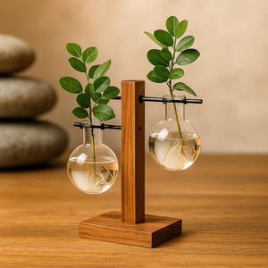 Peut inclure: Un support de propagation en bois avec deux vases à bulbe en verre transparent, chacun contenant une plante verte à feuilles. Les vases sont suspendus par des barres métalliques noires à un cadre en bois foncé. La base est un bloc de bois foncé.