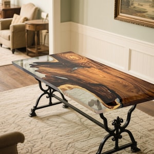 Handmade Walnut River Dining Table: Live Edge Epoxy Resin, Housewarming gifts
