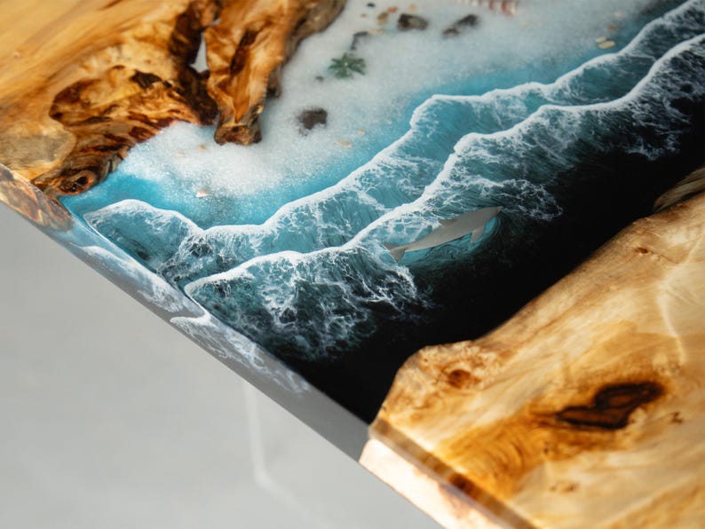 Custom Ocean Epoxy Resin Dining Table, Handmade Poplar Wood River Table ...
