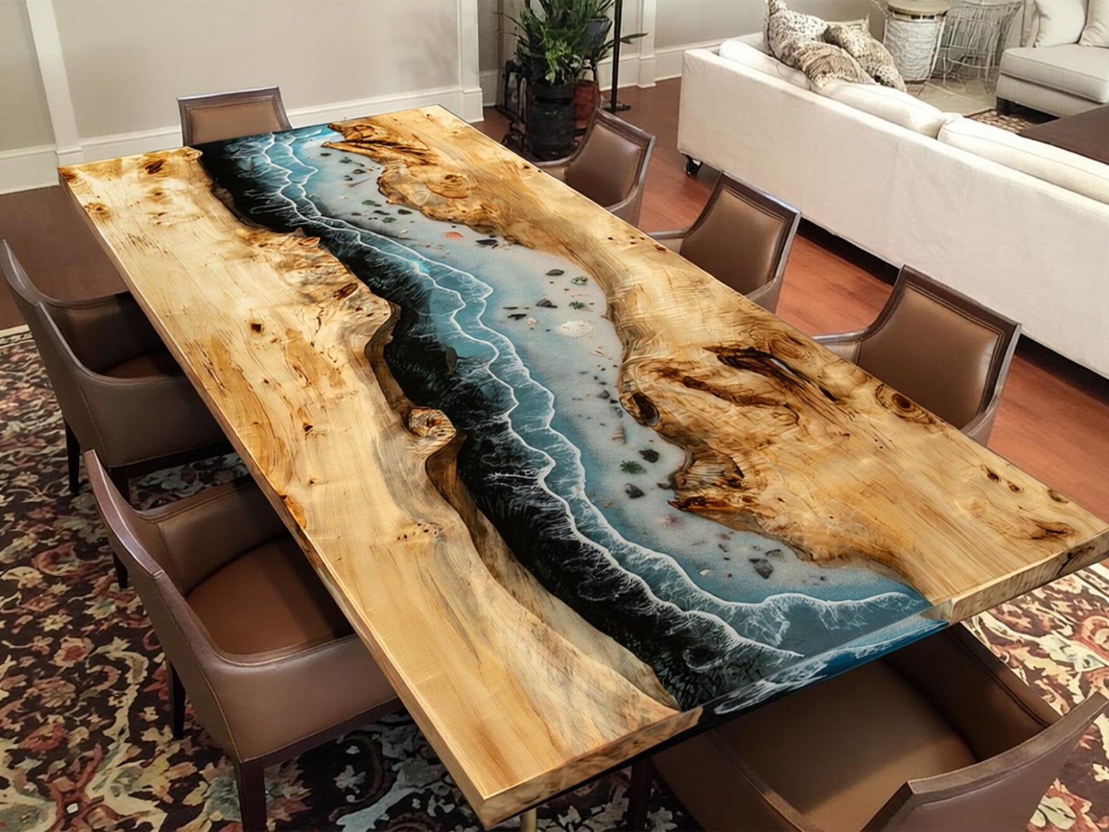 Custom Ocean Epoxy Resin Dining Table, Handmade Poplar Wood River Table ...