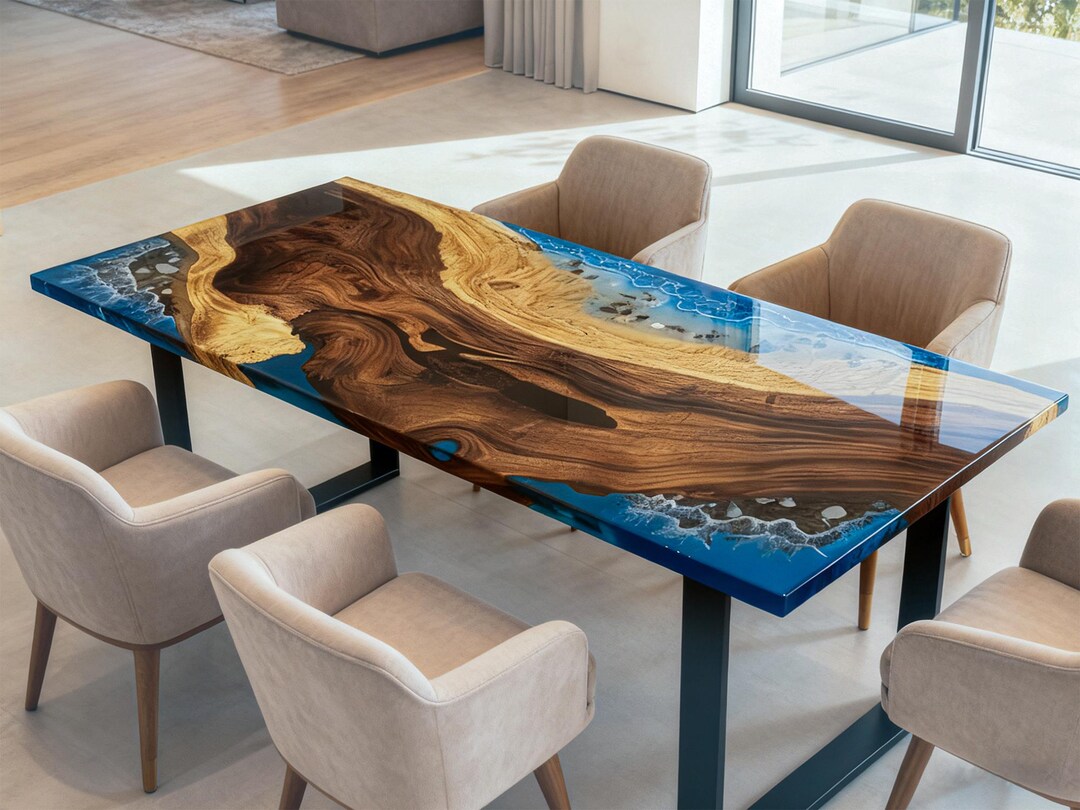 Ocean Wave Epoxy Resin River Dining Table, Live Edge Poplar Wood Table ...