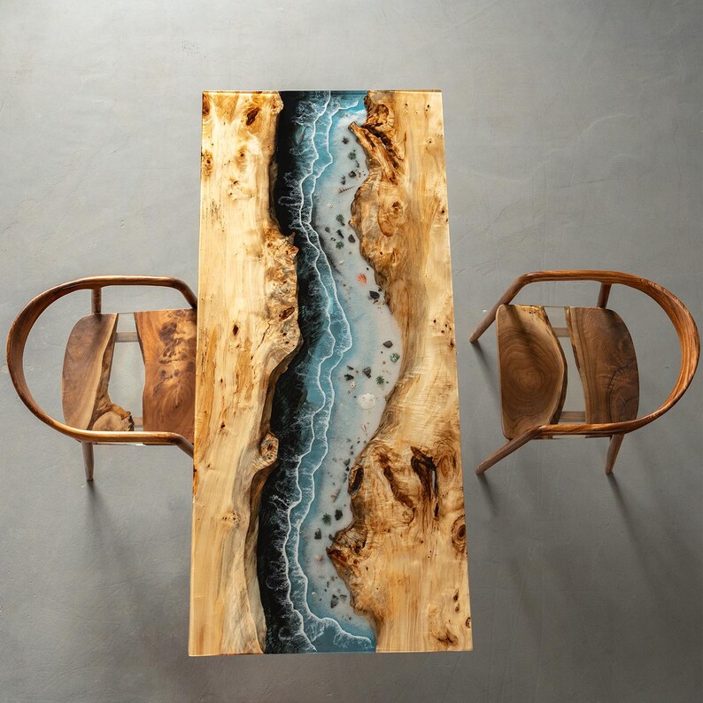 Custom Ocean Epoxy Resin Dining Table, Handmade Poplar Wood River Table ...