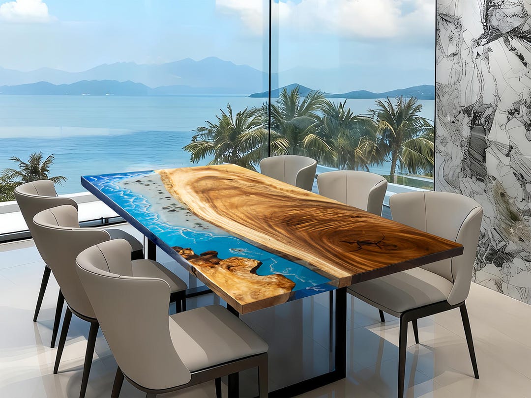 Custom Ocean Epoxy Resin Dining Table, Handmade Olive Wood River Table ...
