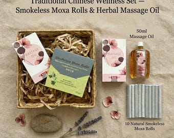 Traditional Chinese Wellness Set — Smokeless Moxa Rolls & Herbal Massage Oil