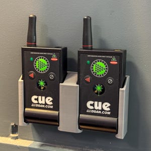 Peut inclure: Deux détecteurs de rayonnement laser CUE noirs avec antennes, montés dans un support gris. Chaque appareil comporte un affichage circulaire vert, un symbole laser et le texte "CUE DSAN.COM". Les appareils sont montés sur un mur gris.
