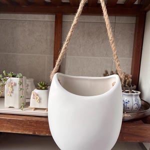 Hanging Wall Planter, White Ceramic Vase with Jute Rope, Rustic Farmhouse & Boho Decor, Indoor Succulent Propagation Station