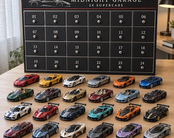 May include: A black advent calendar box labelled Midnight Garage 24 Supercars with 24 numbered drawers, each featuring a small silver knob. Arranged in front are 24 miniature die-cast sports cars in various colours, including red, yellow, blue, green, and silver.