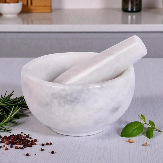 Handmade Marble Mortar and Pestle, Stone Spice Grinder, Kitchen Prep Tool