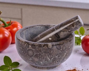 Oceanic Gray Marble Mortar & Pestle | Stone Spice Grinder | Herb Crusher for Kitchen