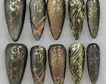 Virgo Zodiac Press-On Nails | Gold Cat-Eye | Celestial Chrome Luxury | Empowering Handmade Nail Art