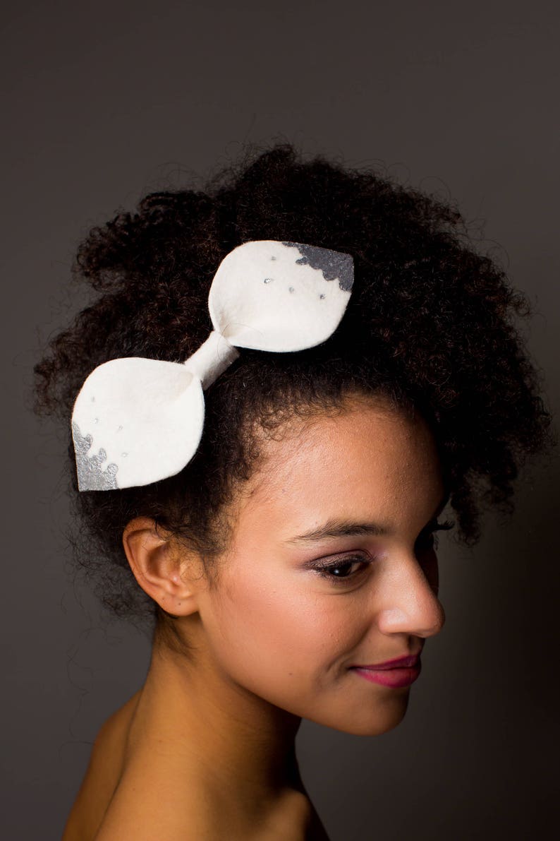 Lotty Metallic Silver and White Paint Splash Bow Headband Statement Headband Bow Hairband Handmade Bow Silver Bow Hair Clip