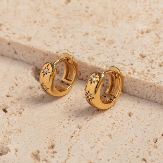 Sparkly Star Gold Vermeil Huggie Hoops Chunky Gold Huggies Demi
