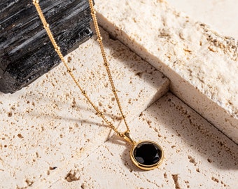 Black Onyx Gold Vermeil Disc Pendant Necklace | Onyx Gemstone Necklace | Layering Necklace | Bride Necklace