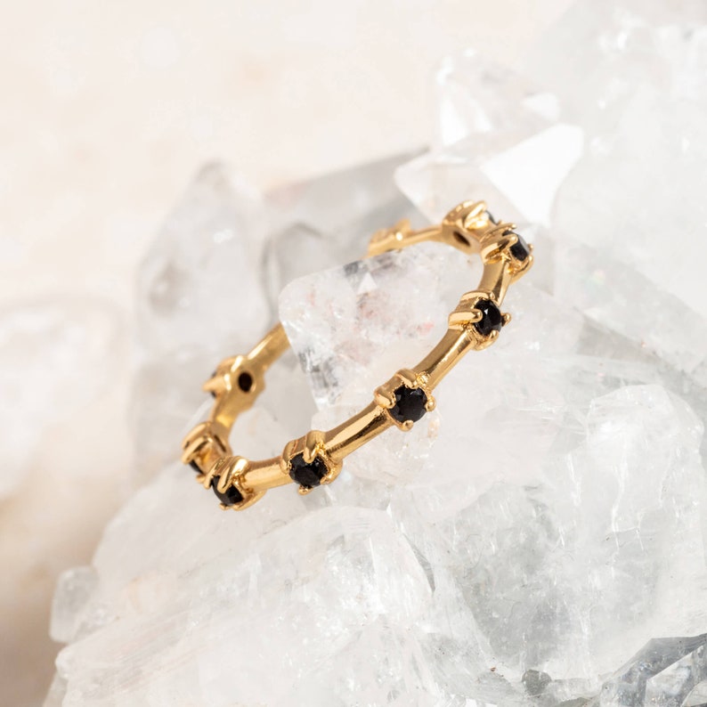 14k Gold Vermeil and Black Cubic Zirconia Dainty Ring Gold Stacking Ring Demi Fine Gold Vermeil Ring Minimalist Ring image 1