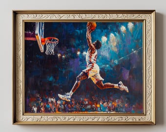 Arte de mate de jugador de baloncesto, decoración deportiva dinámica, pintura dramática (descarga digital)
