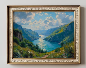 Sunlit Mountain Valley Painting, Scenic River Landscape Art, Pastoral Decor (Digital Download)