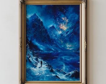 Dramatic Night Mountain Landscape Art, Moody Blue Lake Scene (Digital Download)