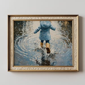 Speels kind spettert door plassen - vintage regenscène, gezellige kinderkunst, schilderkunstig afdrukbaar wanddecor, digitale download 833