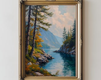 Arte de paisajes de lagos de montaña, decoración rústica de naturaleza para cabañas o casas de campo (descarga digital)