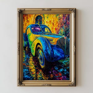 Cuadro Art Déco de un Sedán Aerodinámico: Arte de Autos Vintage de los Años 30, Escena Nocturna Urbana Retro, Decoración Imprimible con un Tono Atrevido, Descarga Digital 677