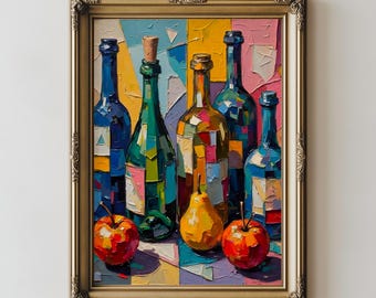 Lámina de naturaleza muerta colorida, arte moderno con botellas vintage - Decoración abstracta para la cocina, imprimible vibrante, descarga digital de arte dinámico y llamativo