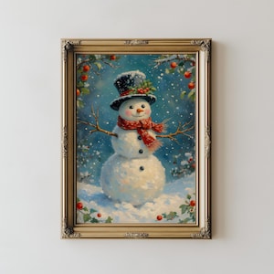 Printable Snowman in Winter Wonderland - Vintage Christmas Wall Art, Festive Holiday Decor, Rustic Winter Scene, Cozy Seasonal Art 114