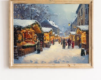 Lámina artística de mercado navideño, pintura de calle nevada navideña, decoración festiva de invierno para la pared, obra de arte acogedora de un pueblo europeo.