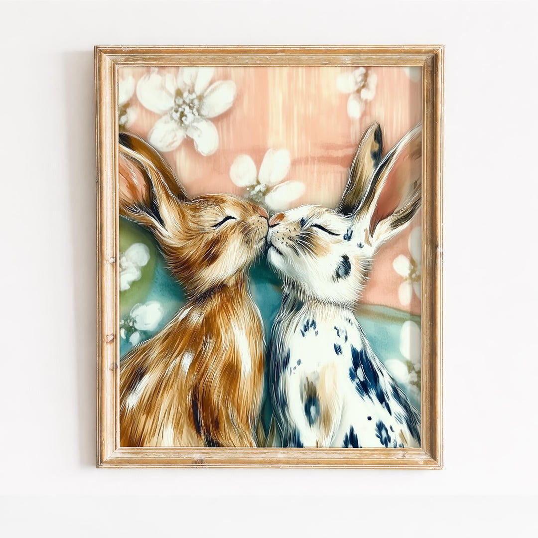 Cottagecore Bunny Pair Printable - Tender Rabbit Nuzzle in Pastel, Cute ...