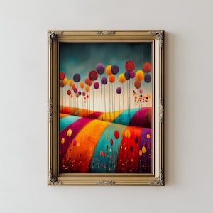 May include: A framed art print depicting a vibrant landscape with undulating hills and stylized trees. The artwork uses a palette of red, orange, yellow, purple, and blue. The gold frame complements the colourful scene, creating a striking visual impact.