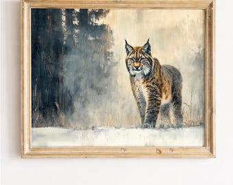 Lynx Art Print, Winter Woodland Painting, Rustic Wildlife Wall Decor (Digital Download)