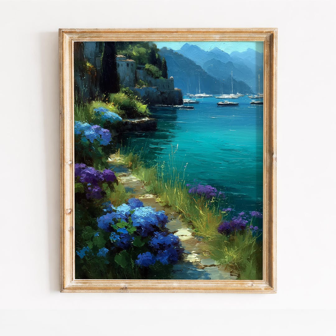 Mediterranean Coastal Painting Print, Lake Como Wall Art, Floral ...