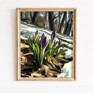 Pintura de flor de açafrão da primavera, decoração de parede botânica rústica (download digital)